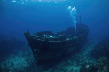 Obraz premium Underwater silhouette of a sunken vessel during a dive