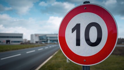 Close-up of a speed limit sign at the entrance of a commercial and industrial area, emphasizing the importance of low speeds for safety.
