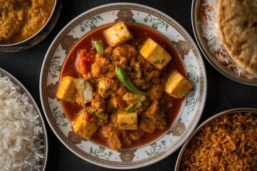 Top view of creamy paneer curry served with vegetable pulao or rice