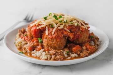 Minced pork and rice balls cooked in a tomato and herb sauce, topped with melted cheese.