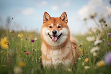 Dog of Shiba Inu breed standing amidst blooming flowers in a meadow