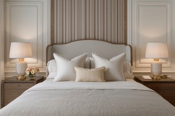 Obraz premium A peaceful and stylish bedroom featuring a neatly made bed with plush white and beige cushions, perfect for creating a cozy and welcoming vibe