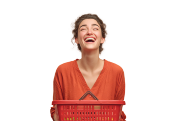 Young caucasian woman joyful with shopping basket against white background, cut out