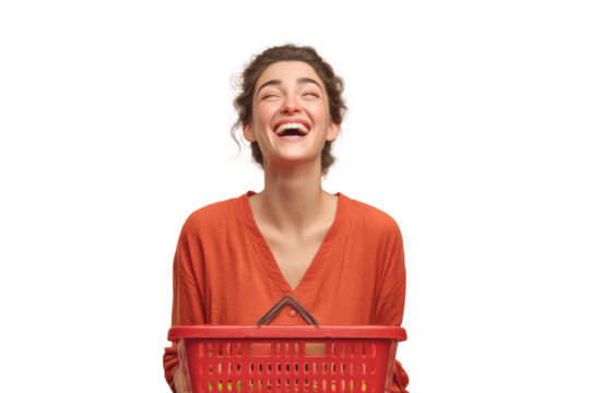 Young caucasian woman joyful with shopping basket against white background, cut out