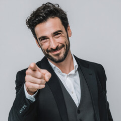 Confident smiling businessman in classic black three-piece suit, white shirt, pointing finger towards camera with positive gesture, professional studio portrait