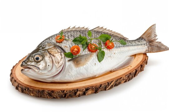 Gerres Filamentosus Fish Adorned with Curry Leaves and Tomatoes on Wooden Surface Against White Backdrop