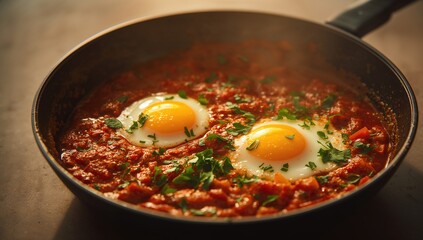 Eggs cooked in a spicy tomato sauce with fresh parsley served in a cast iron skillet