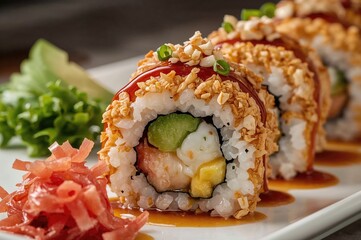 A mouthwatering close-up of a crispy tempura shrimp sushi roll featuring smooth avocado, tender crab meat, and a unique sauce. Perfect for culinary menus, gourmet food shots, and promoting Asian