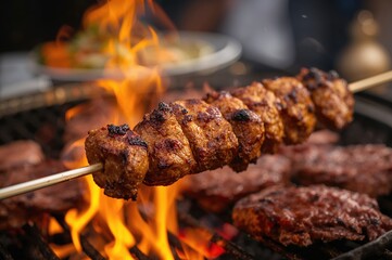 Grilling skewered meat over open flames