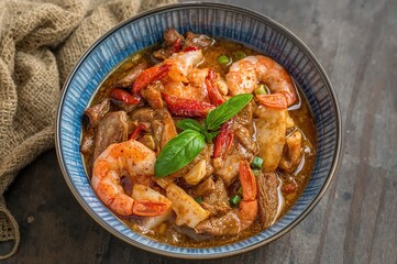 Stir-fried shrimp and stew with shrimp paste, featuring chicken, pork, garlic, chili, and basil in a bowl