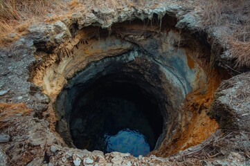 Lateral perspective of a karst sinkhole formed over a deserted limestone quarry, approximately 4.5 meters wide and 13 to 15 meters deep, continuing to expand