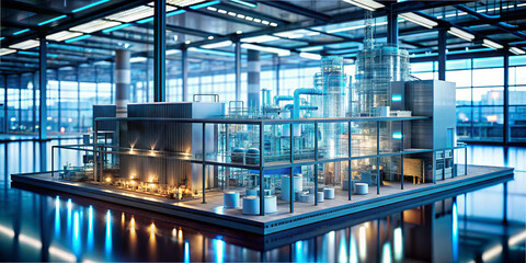 A scale model of an advanced industrial factory is displayed indoors. The setting features large glass windows and bright lights, highlighting the factory's machinery and structures