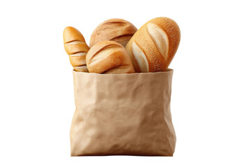 Assorted fresh bread in brown paper bag on black background, cut out