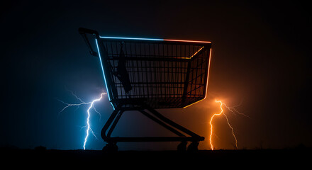 A shopping cart, with dramatic lighting, sits boldly against a dark backdrop, flanked by striking lightning strikes in a modern aesthetic.