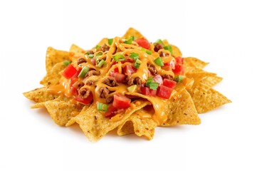 Collection of tasty corn nacho snacks, displayed on a white backdrop
