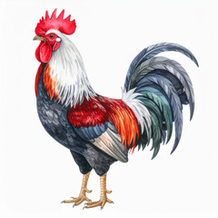 Fototapeta premium Gray and red rooster on white background. Farmhouse watercolor illustration.