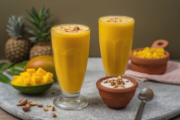 Fototapeta premium Refreshing mango beverages including juice, shake, lassi, and rabdi, served with chopped pulp and nuts in various clay pots. A tropical fruit drink presentation idea.