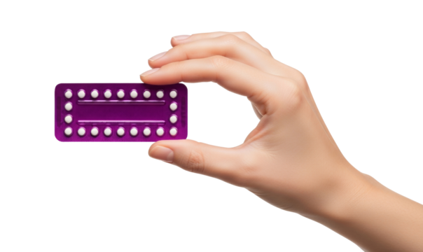 Woman hand holding alilac  oral contraceptive pill blister pack for safe sex promotion on transparent background. Birth control method choice. PNG clip art template with copyspace.