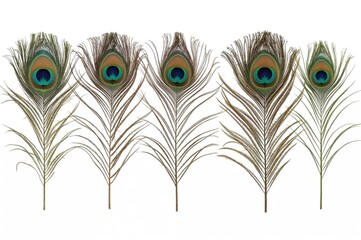 Obraz premium Collection of vibrant and stunning peacock plumes displayed against a white backdrop