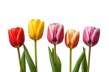 Naklejka premium A collection of seven vibrant tulips displayed against a plain white backdrop
