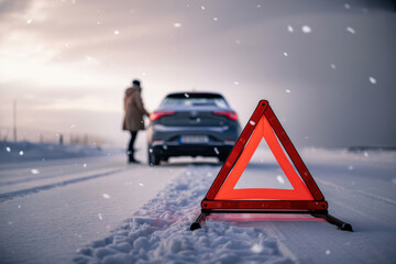 Stranded in Winter: Driver with Warning Triangle on Snowy Road During Snowfall