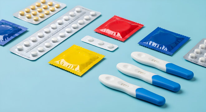 Oral contraceptive blister packs with condoms and pregnancy test on blue background, banner for family planning women’s health contraception and reproductive medicine awareness with copyspace. - Powered by Adobe