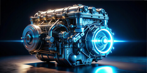 A detailed engine is showcased in a studio with a dark background, featuring blue glowing elements that highlight its modern design. This display emphasizes automotive innovation and technology