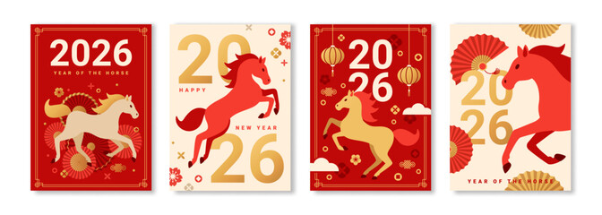 Posters Set 2026 Happy Chinese New Year. Lunar Horse silhouette red gold banners. Vector illustration. Asian Fan, China Lantern, Floral Background. Place for Text. Japanese Christmas menu design