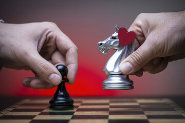 Heartfelt Chess Match of Strategy and Love with Romantic Silver Knight and Bold Black Pawn