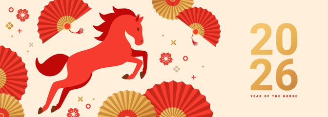 Happy Chinese New year 2026 background. Vector illustration. Place for text. Jumping red horse with asian fans and flower pattern. China Christmas poster banner design template. Holiday sale flyer