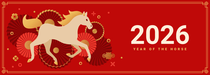 Chinese 2026 New year banner with running horse and asian fans. Vector illustration. Place for text. China Christmas holiday sale poster, lunar calendar animal symbol. Cny japan pattern, menu design