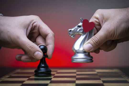 Heartfelt Chess Match of Strategy and Love with Romantic Silver Knight and Bold Black Pawn