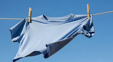 Light blue t shirt drying on clothesline against clear blue sky