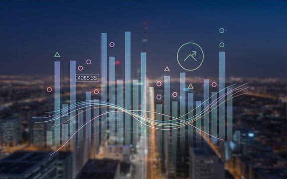 Financial stock market data analysis with rising bar charts and line graphs over a city skyline at night