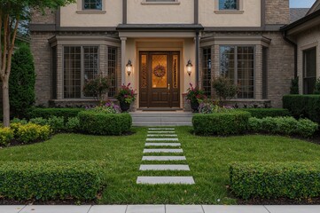 Obraz premium Front door surrounded by beautifully designed garden. Portrait orientation.