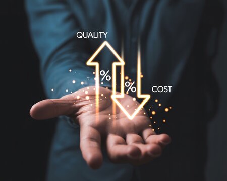Hand holding glowing arrows indicating quality increase and cost decrease image photo