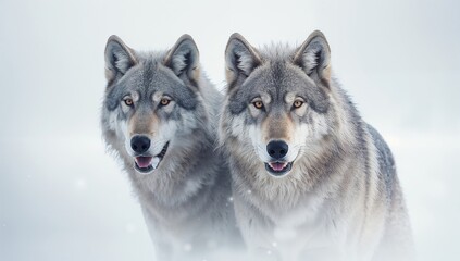 Lone gray wolves standing on snowy terrain with a plain white backdrop