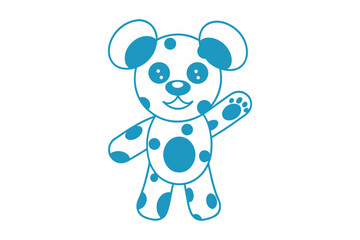 Cheerful blue spotted bear waves its paw in a friendly manner, drawn with simple lines
