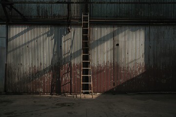 Fototapeta premium A ladder leans against corrugated steel walls with peeling paint, casting intense shadows in a gritty industrial setting.