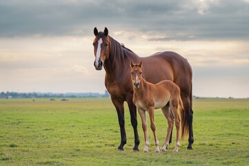 Obraz premium Foal and horse grazing on lush grass beneath overcast skies