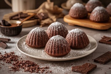 Chocolate madeleine pastries sprinkled with powdered sugar