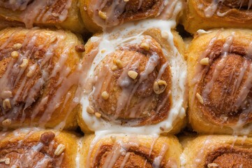 Delicious cinnamon rolls topped with pumpkin, nuts, caramel, and creamy sugar glaze. Overhead shot of sweet homemade holiday pastries. Close-up of traditional Scandinavian kanelbule dessert.