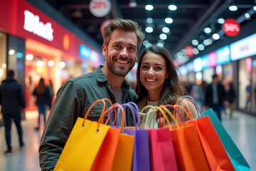 Happy couple with shopping bags Black Friday sale mall. Smiling man and woman with purchases.