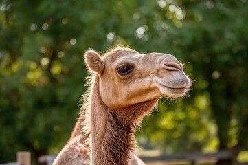 A tan camel gazes thoughtfully near lush greenery in a natural setting