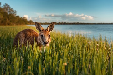 A small wallaby concealed among the lakeside grass in its natural habitat.