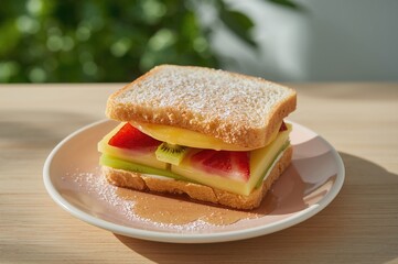 Homemade summer breakfast featuring a Japanese-inspired fruit sandwich with kiwi, pineapple, and strawberry