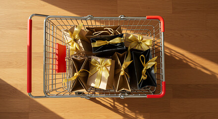 A bird's eye view presents a shopping cart overflowing with elegant, gold-wrapped gifts, embodying the spirit of thoughtful giving. It radiates feelings of joy, festivity.