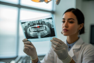 Focused Dentist Analysing Dental X-Ray in Modern Clinic with Bright Natural Light
