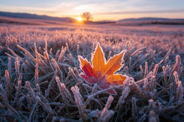 A sparkling frozen maple leaf gleams at dawn amidst frost-laden tall grass in a field.