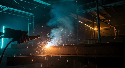 Welding sparks illuminate a dark industrial workshop. Worker performing metal fabrication with bright arc and smoke.